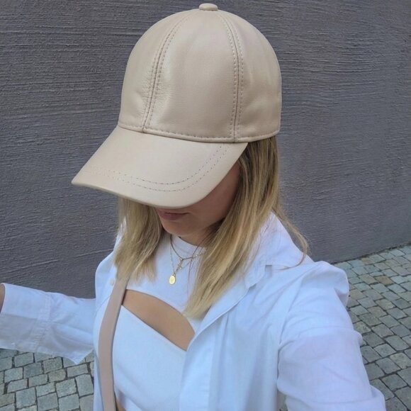 Tellaro Leather Accessories - Beige Genuine Leather Cap Leather Baseball Cap Handmade Leather Cap For Women